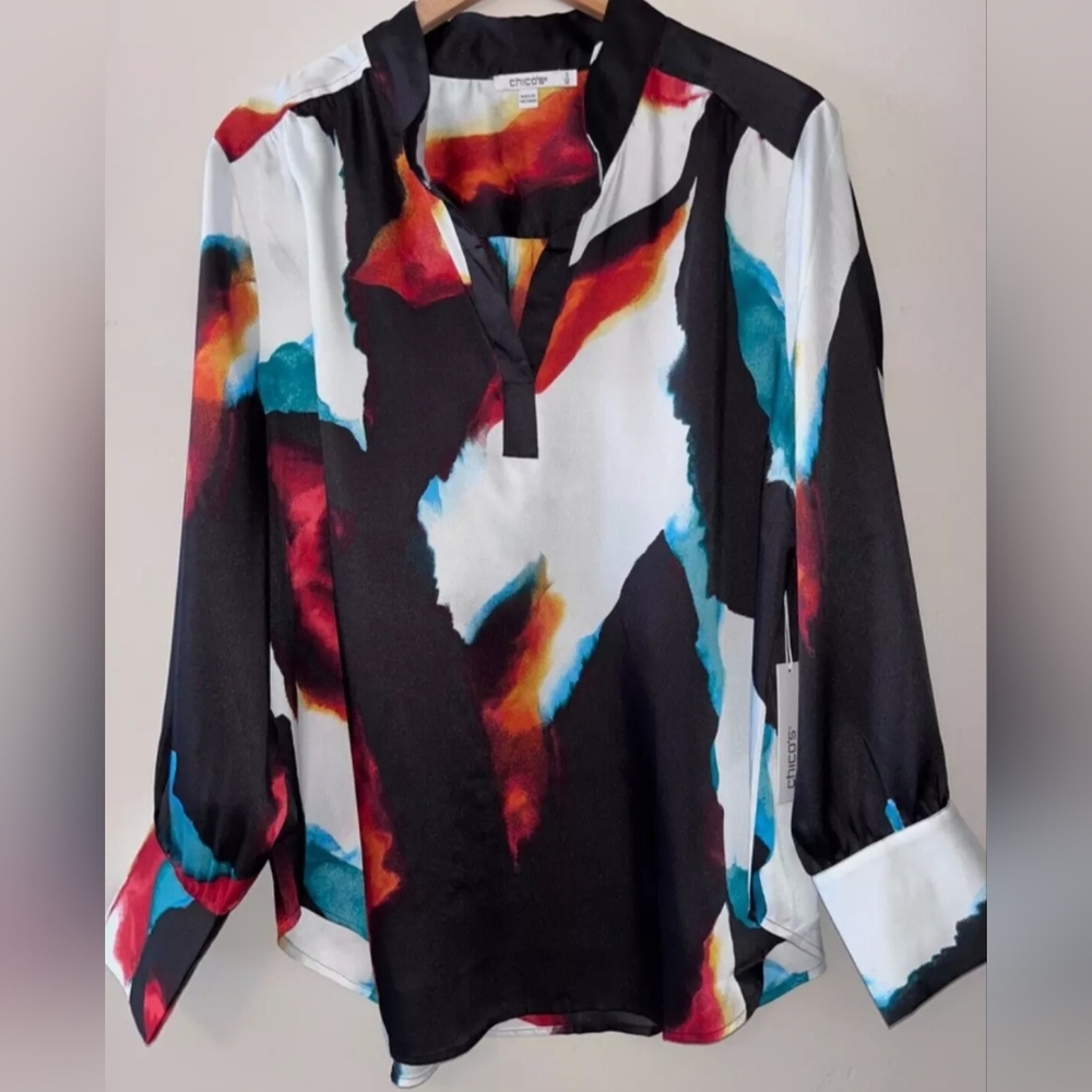 Chicos Silky Ruched Popover Top Deep Tide Pool Blouse Size 2 NWT